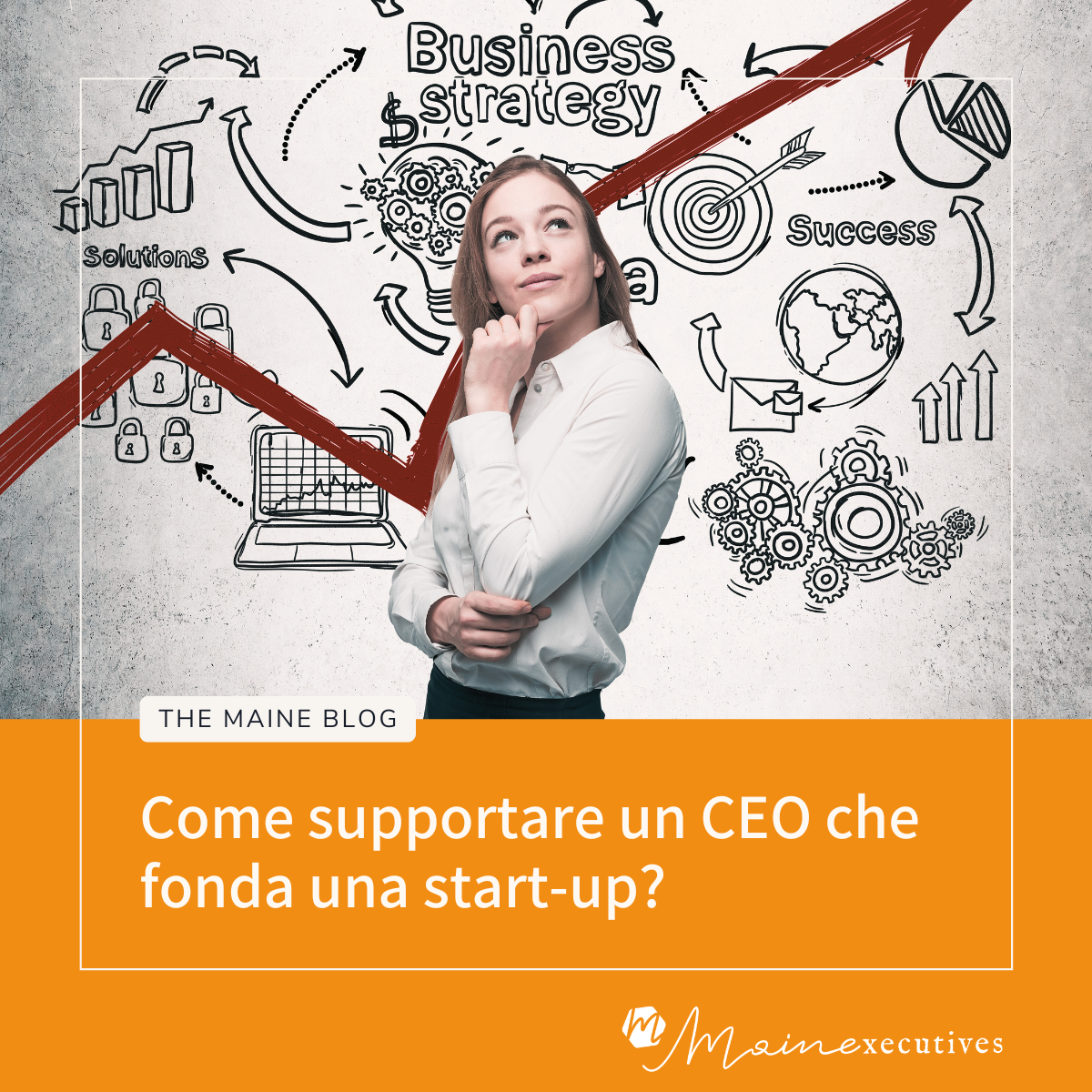 Donna in abbigliamento professionale osserva una lavagna con icone di strategia aziendale per supportare un CEO che avvia una start-up